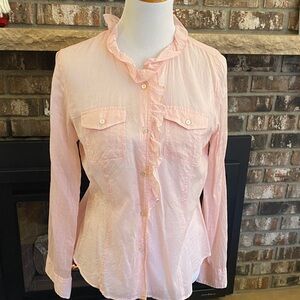 TALBOTS pale pink ruffle neck button up blouse. Button cuffs with roll up straps